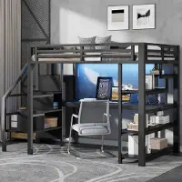 Sweiko Hoogslaper - 140x200cm - Metalen frame - Open kledingkast - Bureau - USB-poorten - LED-verlichting - Zwart