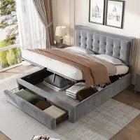 Sweiko Gestoffeerd bed 140x190 cm, Tweepersoonsbed met 2-laden, Houten Flat noedles frame, Fluweel, Grijs, met Flat noedles voet en hoofdeinde, opbergbed, hydraulisch kussenbed