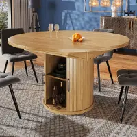 Flieks Uitbreidbare eettafel met geïntegreerde opbergruimte in twee lagen, eettafel met gebogen schuifdeuren, geschikt voor maximaal 6 personen, houtkleur
