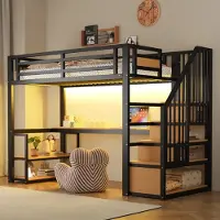 OKWISH Metalen Hoogslaper 90x200cm – Met Bureau En Planken – Met Opbergladder En Veiligheidshek – Zonder Matras – Modern – Zwart