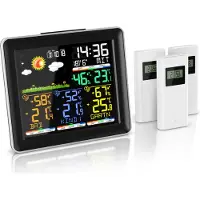 Brandson funkweerstation met 3 buitensensoren, thermo-hygrometer, 6,5 inch kleuren display, DCF radio-klok, barometer, 7 weersymbolen, trendpijlen, wekker met snooze-functie, zwart