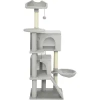 OKWISH Kraboom voor katten, 140 cm, met klimladder en ligplaatsen, krabplanken, klimboom met hangmat en sisalstangen, lichtgrijs