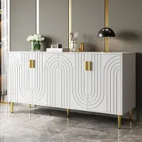 STILVORA dressoir met een uniek golfpatroon en gouden handgrepen en poten. Bijzetkast met 4 opbergvakken, grote capaciteit, MDF, wit