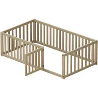 OKWISH Kinderbed 90 x 200, houten bed met houten bodem, spijlen en deur, Natuurlijk (zonder lattenbodem)