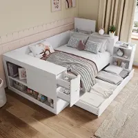 OKWISH Kinderbed 140x200, multifunctioneel slaapbank met planken en lades, juniorbed met nachtkastje en opbergruimte, zonder matras, wit