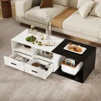 Puluomis - Salontafel - Woonkamertafel - Uitschuifbaar tafelblad - Zwart en wit - 2 lades