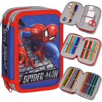 Sarcia.eu MARVEL Spider Man Pennenetui met drie vakken MET UITRUSTING voor een jongen, VOOR SCHOOL - 45 elementen, 3 rits