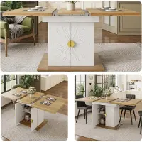 Great han Uitschuifbare eettafel van 110-140 cm met opbergruimte, keukentafel met zonreliëf en gouden handgrepen, houtlook, wit, flexibele eettafel voor 4-6 personen