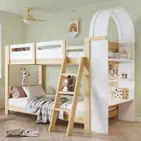 Great han Stapelbed voor kinderen, 90x200 cm, wit, natuurlijke kleur. Hoogslaper met 3-laags plank en een trapje. Bed met opbergruimte, gemaakt van grenenhout, zonder matras. Met valbeveiliging, veilig