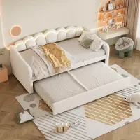 STILVORA slaapbank 90x200 cm, multifunctionele dagbed met uitschuifbaar onderbed 90x190 cm en lattenbodem, jeugdbed met LED-verlichting die van kleur kan veranderen, beige (zonder matras)