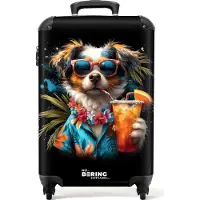 NoBoringSuitcases.com - Handbagage koffer lichtgewicht - Reiskoffer trolley - Hond in tropische sferen - Rolkoffer met wieltjes - Past binnen 55x40x20 en 55x35x25