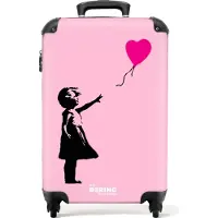 NoBoringSuitcases.com - Handbagage koffer lichtgewicht - Reiskoffer trolley - Meisje met wegvliegende roze hartjesballon - Rolkoffer met wieltjes - Past binnen 55x40x20 en 55x35x25