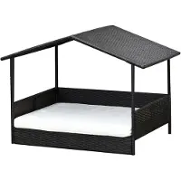 MH Handel GmbH Hondenmand van rotan voor buiten met luifel, verhoogde hondenmand voor kleine en middelgrote honden, verkoelende hondenmand met metalen frame, buitenkussen, 69 x 98 x 70 cm, koffiebruin