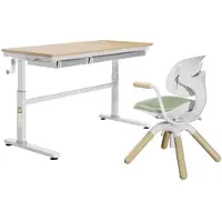 PonteSino HOKO Kinderbureau-set, 120x60 cm, verstelbaar bureau met 2 lades en een veelzijdig verstelbare kinderstoel, houtlook/groen, CELIN & LEVI