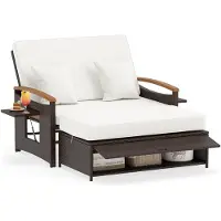 Costway Polyrotan ligbed, tuinstoel met verstelbare rugleuning, uitklapbare zijtafel en kussen, loungebed, dubbelbed, tuinbank