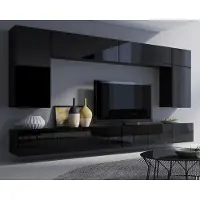 Ravio Woonwand Amanda VII, woonkamer set, wandmeubel, schuifdeurkast, mediameubel, 300 cm breed (zwart / zwart hoogglans)