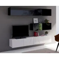 Ravio Woonwand Amanda V, woonkamer set, moderne wandmeubel, schuifdeurkast, mediameubel (zwart + zwart hoogglans / wit + wit hoogglans)