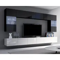 Ravio Wandmeubel Amanda I, breedte 300 cm, wandmeubel van de fabrikant, modern wandmeubel, mediameubel (zwart + zwart glanzend / wit + wit glanzend)