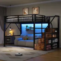 STILVORA Hoogslaper 140x200 cm – Bed Met Appgestuurde Ledverlichting – Trap Met Opbergvakken – Ruimte Onder Bed Voor Kinderkamer – Metaal – Zonder matras – Zwart
