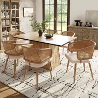 OKWISH Eetkamerstoel Set Van 6 - Met Rotan Rugleuning En PU Leren Zitting - Voor Eetkamer Of Café - Beige Bruin