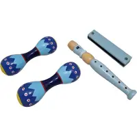Playwood Houten blokfluit mondharmonica en 2 maracas sambaballen blauw