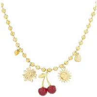 Yehwang Boho Bedel Ketting met Kersen, Zon & Bloem – Goudkleurige Dames Ketting met Bedels – Stainless Steel – Verstelbaar