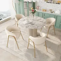 OKWISH Witte eetkamerstoel, moderne eetkamerstoel van schapenvacht, geverfde afwerking, gouden afwerking, eetkamerstoelen met gouden poten (4 stuks)