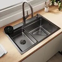 Sonni Breed rechthoekig spoelbak, 70 x 48 x 24 cm, zwart, met driehoekig zeefmandje, afdruipbak
