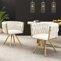 MODFU Draaistoel, fluwelen eetkamerstoel, 2 stuks, individuele, lichte, luxe draaistoel voor de woonkamer of slaapkamer, met 4 metalen poten, beige en goudkleurig
