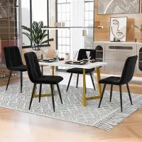 MODFU eethoek, 5-delig, bestaande uit een eettafel met 4 stoelen. Eetkamerstoelen van fluweel, met een marmeren blad en een metalen frame, in de kleur zwart