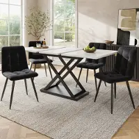 OKWISH Eetset voor 4 personen (5-delige set), Uitschuifbare eettafel met 4 stoelen, Witte eettafel 160x80x75 cm met zwarte fluwelen eetstoelen voor thuis, woonkamer