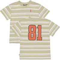 QPI gestreepte T-shirt met backprint beige Jongens Katoen Ronde hals Backprint - maat 134/140