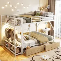 Sweiko Stapelbed - 140 x 200 cm - Metalen frame - 2 lades - LED-verlichting - Met kledingstang - Wit