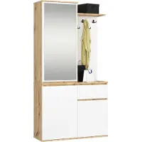 Akord Hal set met spiegel ENTRO / Halmeubel met 3 Deuren en 1 Lade / Hal Kast / Kapstok en Schoenenkast / Artisan Eik - Wit / 95 x 183 x 35 cm