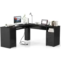Costway Hoekbureau in L-vorm, met oplaadstation, toetsenbordrek, kast en 2 lades, hoektafel, computerbureau, kantoorbureau, 168x168x76 cm, zwart