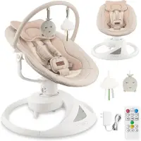 Momi PEARL Elektrische Babyschommel en Wipstoel met Bluetooth, Afstandsbediening en 360° Draaibare Zitting - Beige