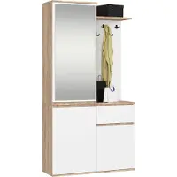 Akord Hal set met spiegel ENTRO / Halmeubel met 3 Deuren en 1 Lade / Hal Kast / Kapstok en Schoenenkast / Sonoma Eik - Wit / 95 x 183 x 35 cm