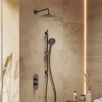 Saniclear Oval inbouw regendouche 25cm gun metal PVD met wandarm, glijstang en 3 standen handdouche