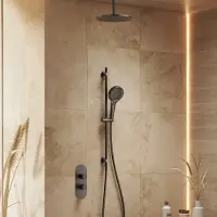 Saniclear Oval inbouw regendouche 25cm gun metal PVD met plafondarm, glijstang en 3 standen handdouche