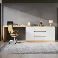 MODFU Luxe Draaibaar Bureau & Dressoir in 1 (120 cm) - 360° Uitschuifbaar Hoekbureau met 3 Lades, 2 Deuren & Wielen - Eiken / Wit