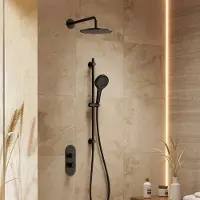 Saniclear Oval inbouw regendouche 25cm mat zwart met wandarm, glijstang en 3 standen handdouche