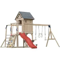 Axi Duncan Speeltoestel van Houten met 2 Schommels - Rode Glijbaan | Speeltoren / Speelhuis op Palen voor kinderen met Klimrekken, Monkey Bars, Trapeze & Picknickbank | Schommelrek voor in de Tuin