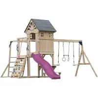 Axi Duncan Speeltoestel van Houten met 2 Schommels - Paarse Glijbaan | Speeltoren / Speelhuis op Palen voor kinderen met Klimrekken, Monkey Bars, Trapeze & Picknickbank | Schommelrek voor in de Tuin