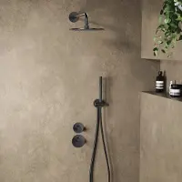 Saniclear Uni inbouw regendouche 25cm gun metal PVD met wandarm en staafhanddouche