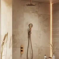 Saniclear Oval inbouw regendouche 25cm geborsteld koper PVD met plafondarm en 3 standen handdouche