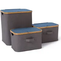 Lumaland opvouwbare opbergdoos met bamboe-frame in set van 3 dozen met deksel twee keer in de maten 54 x 33 x H 26 cm en 45 x 30 x H 23 cm en 38 x 26 x H 16 cm Grijs deksel / blauw box