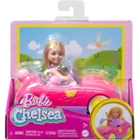 Mattel Chelsea pop en speelgoedautoset met beren-thema cabriolet en teddybeeraccessoire, blonde kleine pop draagt afneembare rok en schoenen, HXN05