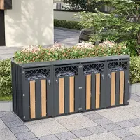 OKWISH Een grijze, metalen tuinkast met een beplating die houtstructuur nabootst, voorzien van een plantvak, een slot, vier deuren en een ruitvormig ventilatiesysteem