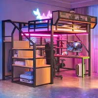 OKWISH Hoogslaper 140x200cm – Met Bureau En Open Rekken – Met Led Verlichting En Stopcontact – Met Opbergladder En Netten – Metaal En MDF – Zonder Matras – Zwart