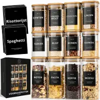 Organess Voorraadpotten Bamboe deksel - 12 Delige set - Glas met deksel - Snoeppot - Glazen voorraadpotten - 4x 1000ml & 8x 600ml